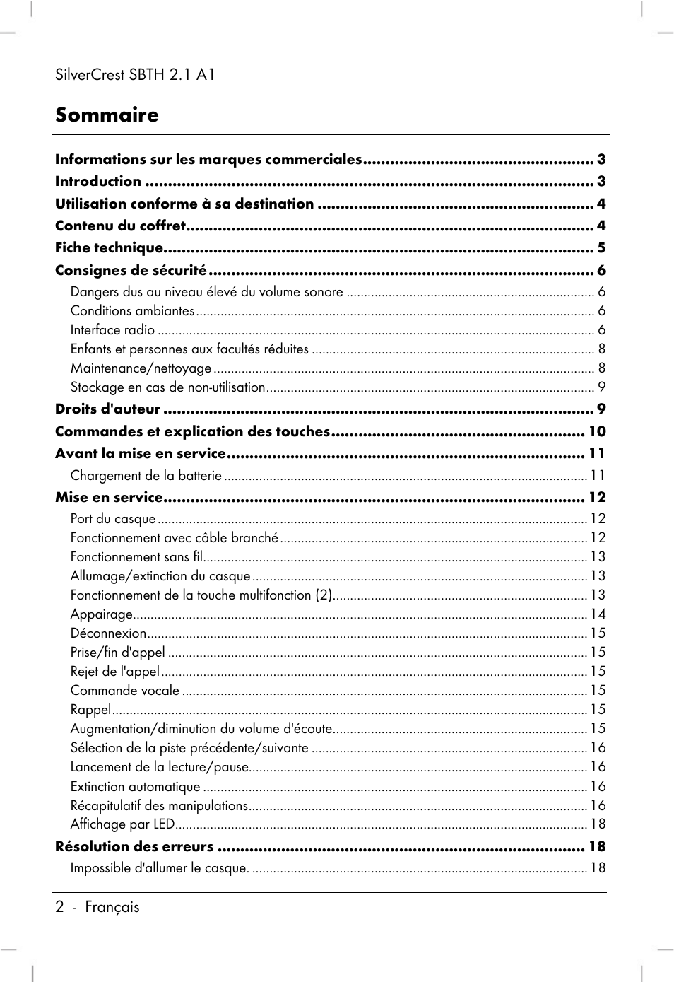 Sommaire | Silvercrest SBTH 2.1 A1 User Manual | Page 4 / 64