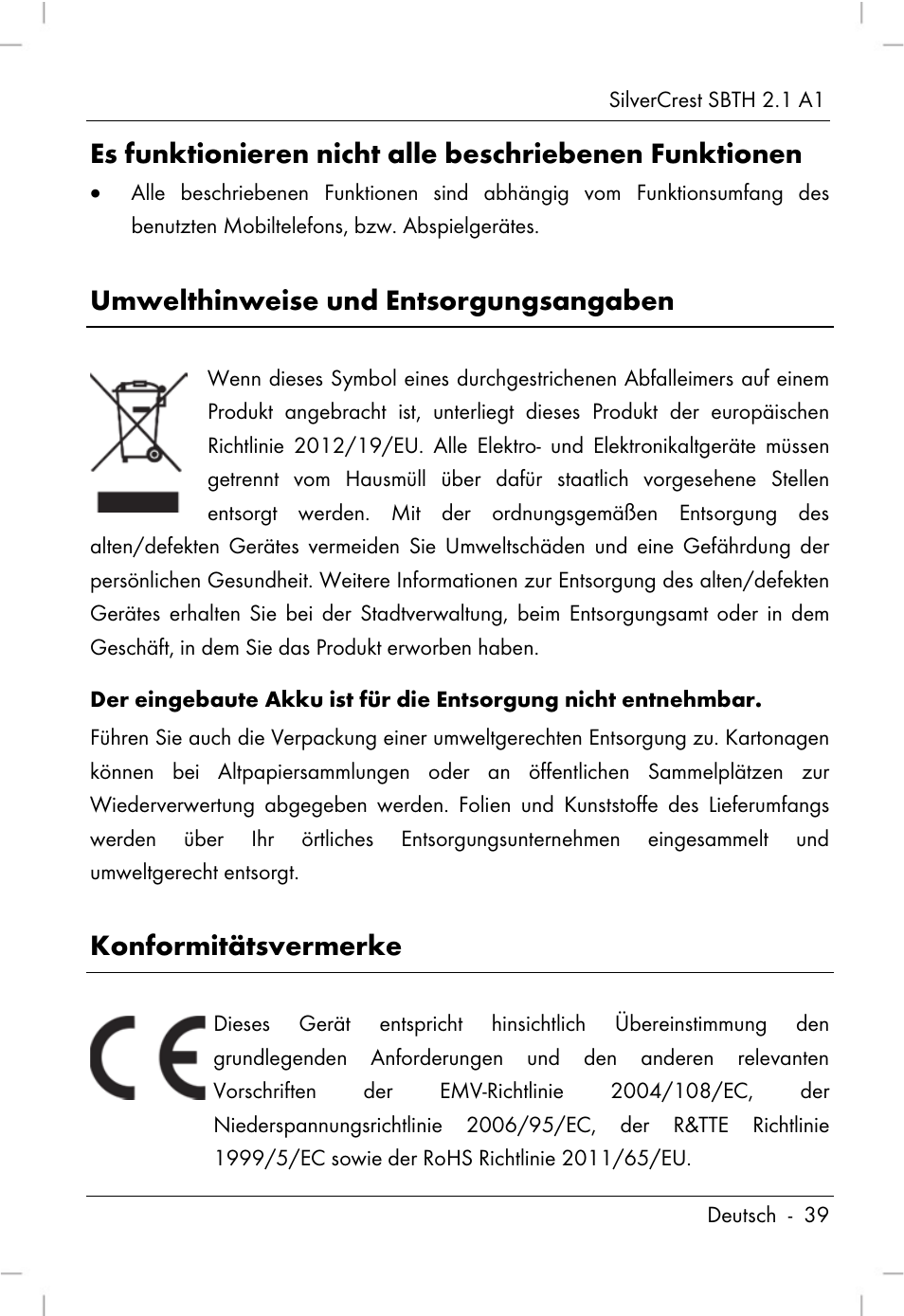 Umwelthinweise und entsorgungsangaben, Konformitätsvermerke | Silvercrest SBTH 2.1 A1 User Manual | Page 41 / 64