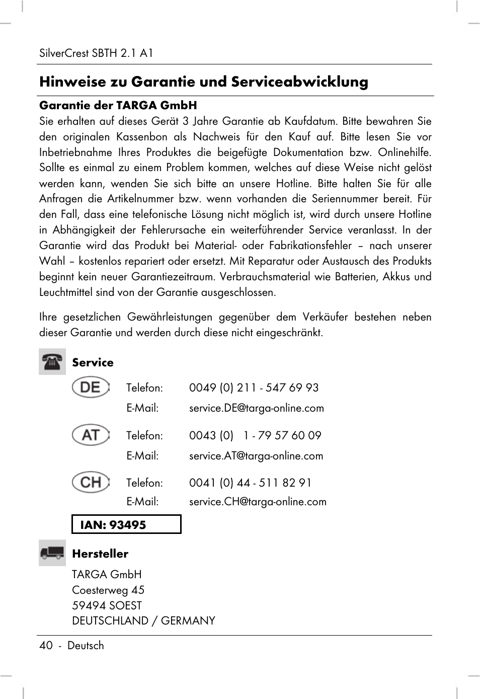 Hinweise zu garantie und serviceabwicklung | Silvercrest SBTH 2.1 A1 User Manual | Page 42 / 64