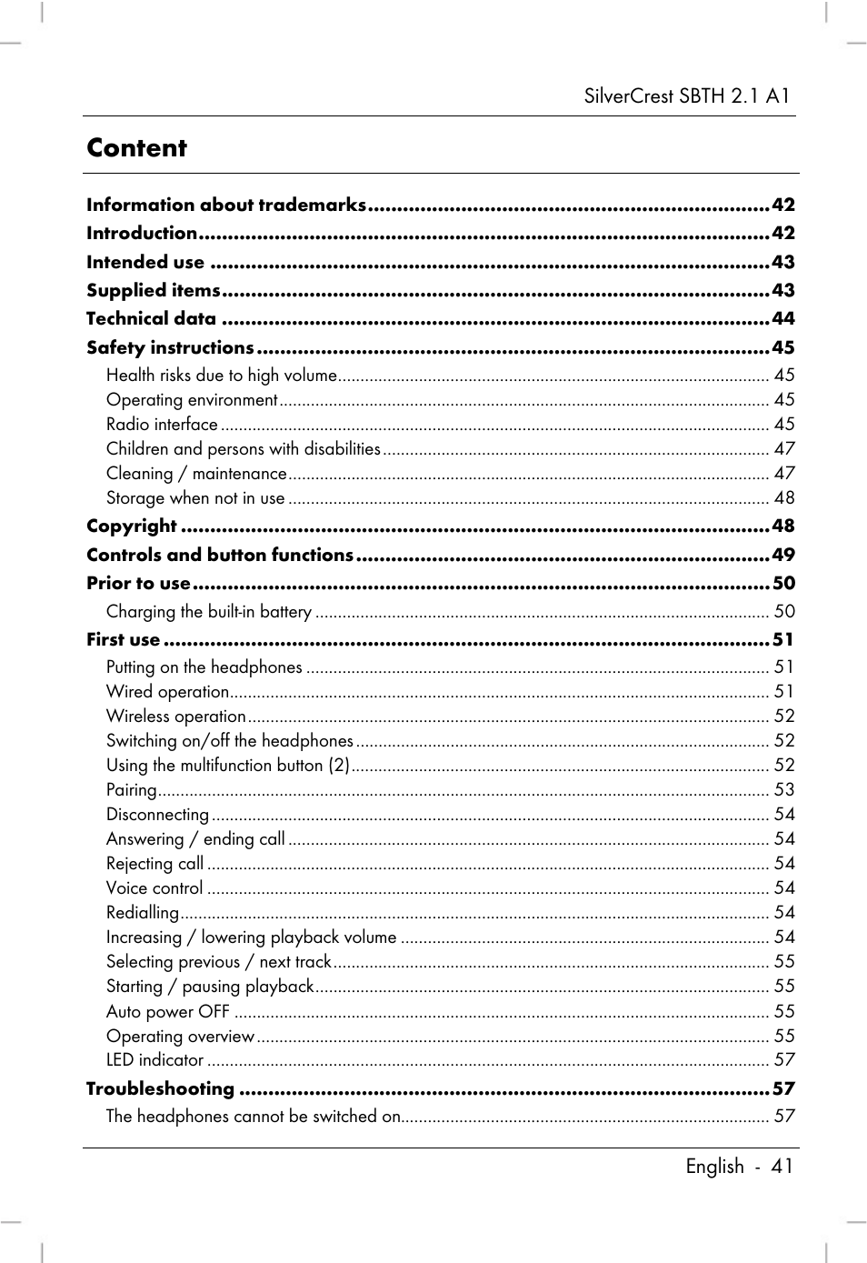 Content | Silvercrest SBTH 2.1 A1 User Manual | Page 43 / 64