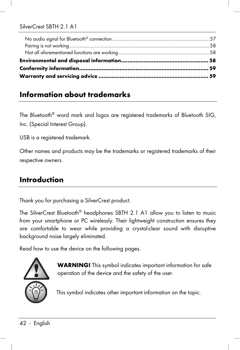 Information about trademarks, Introduction | Silvercrest SBTH 2.1 A1 User Manual | Page 44 / 64