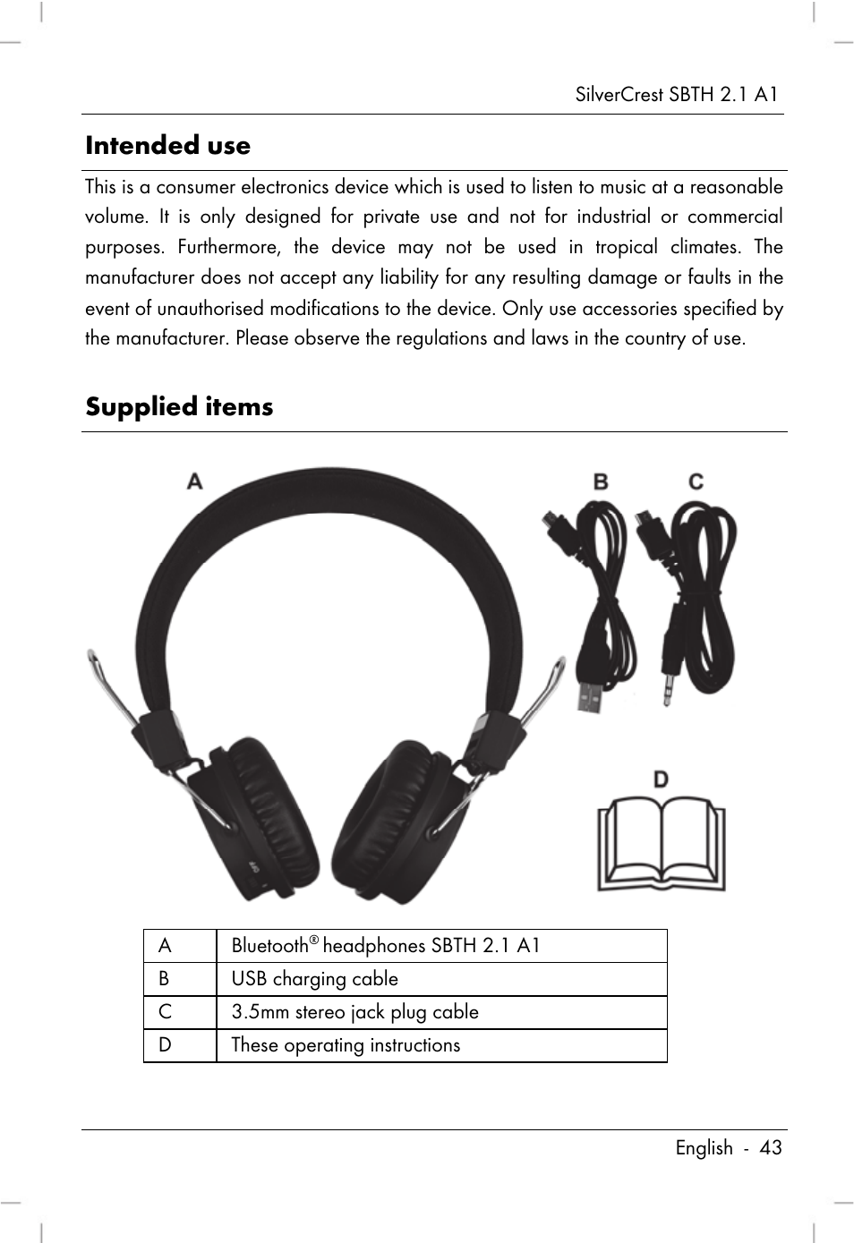 Intended use, Supplied items | Silvercrest SBTH 2.1 A1 User Manual | Page 45 / 64