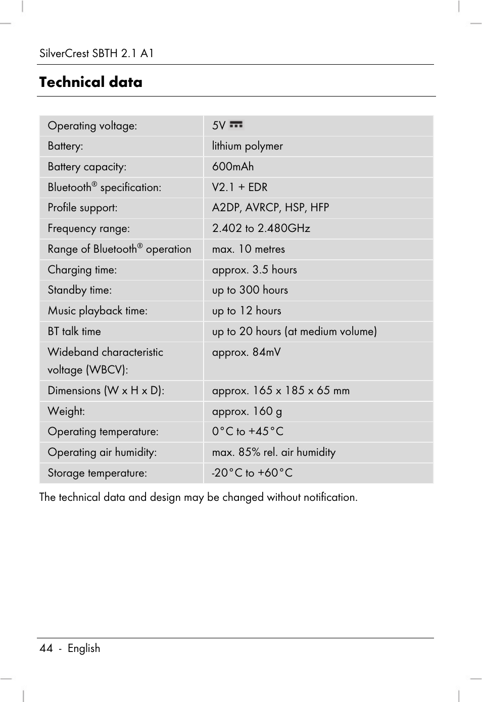 Technical data | Silvercrest SBTH 2.1 A1 User Manual | Page 46 / 64