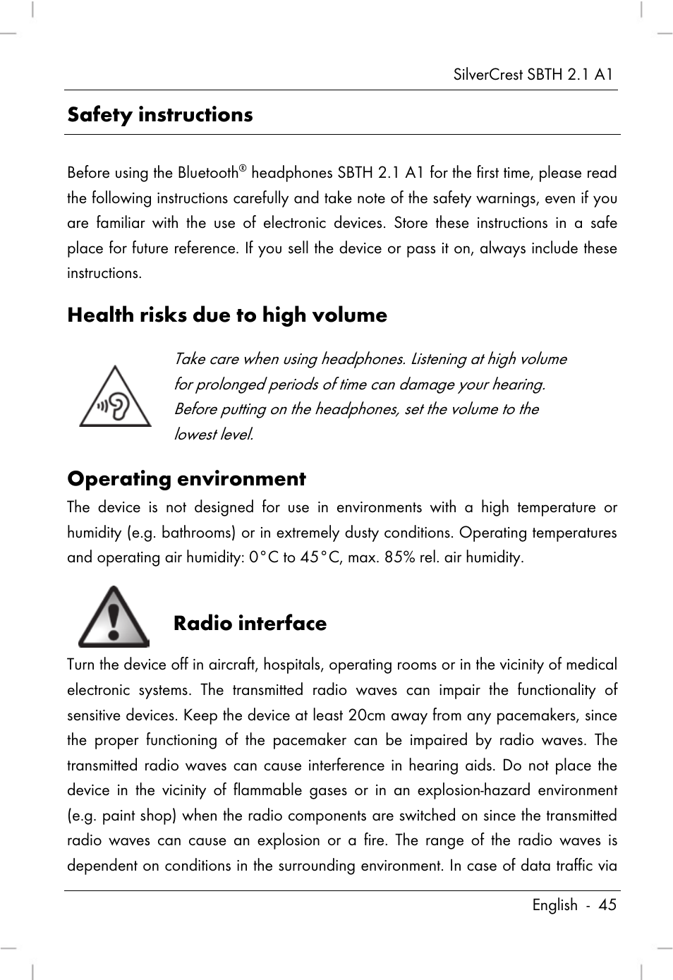 Safety instructions, Health risks due to high volume, Operating environment | Radio interface | Silvercrest SBTH 2.1 A1 User Manual | Page 47 / 64
