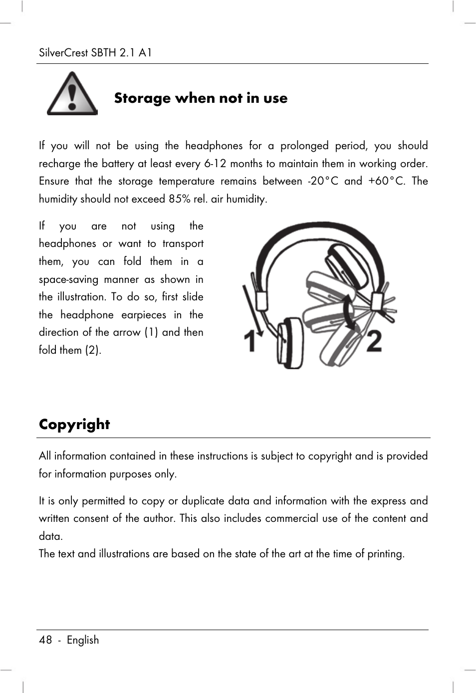 Storage when not in use, Copyright | Silvercrest SBTH 2.1 A1 User Manual | Page 50 / 64