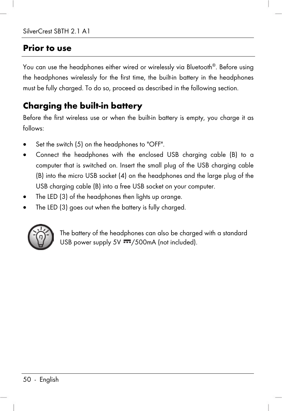 Prior to use, Charging the built-in battery | Silvercrest SBTH 2.1 A1 User Manual | Page 52 / 64