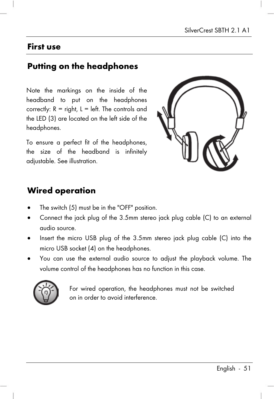 First use putting on the headphones, Wired operation | Silvercrest SBTH 2.1 A1 User Manual | Page 53 / 64