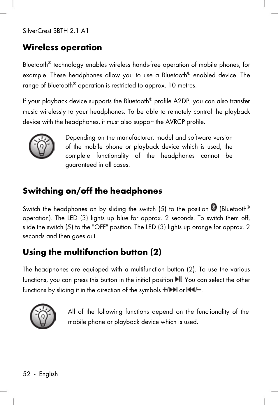 Wireless operation, Switching on/off the headphones, Using the multifunction button (2) | Silvercrest SBTH 2.1 A1 User Manual | Page 54 / 64