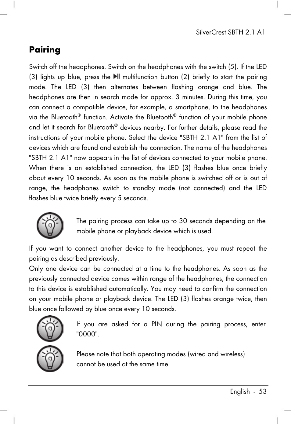 Pairing | Silvercrest SBTH 2.1 A1 User Manual | Page 55 / 64