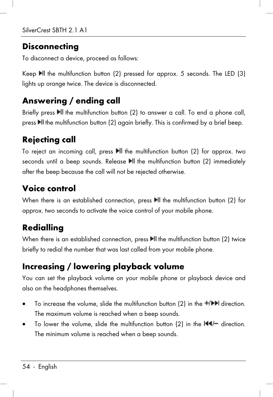 Disconnecting, Answering / ending call, Rejecting call | Voice control, Redialling, Increasing / lowering playback volume | Silvercrest SBTH 2.1 A1 User Manual | Page 56 / 64