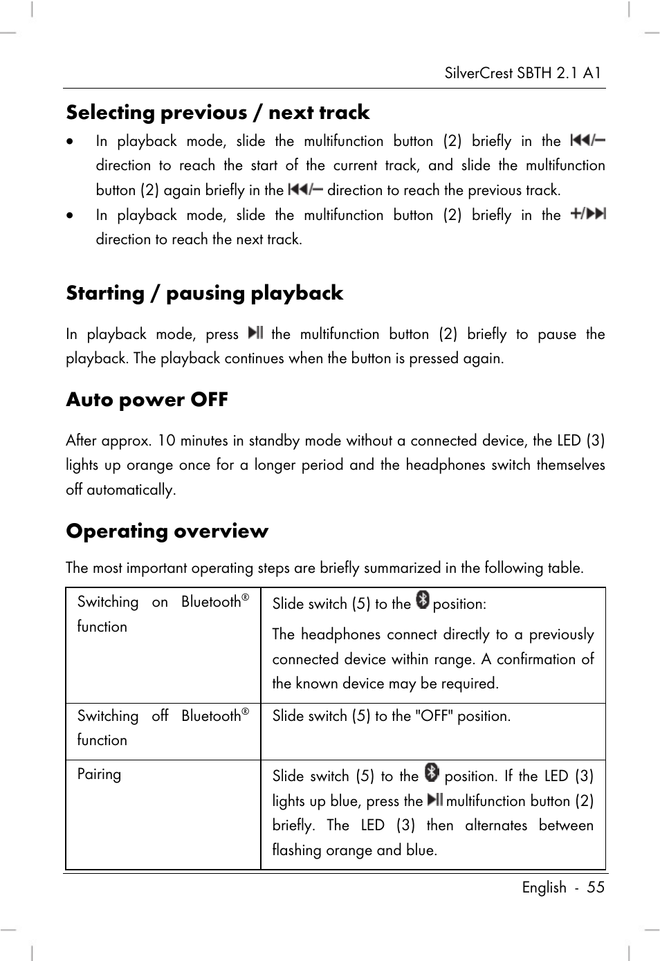 Selecting previous / next track, Starting / pausing playback, Auto power off | Operating overview | Silvercrest SBTH 2.1 A1 User Manual | Page 57 / 64