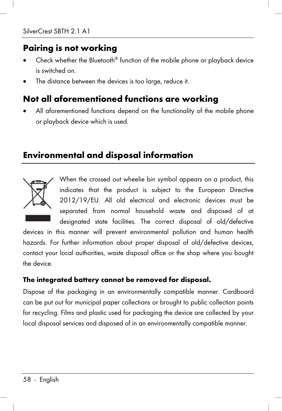 Pairing is not working, Not all aforementioned functions are working, Environmental and disposal information | Silvercrest SBTH 2.1 A1 User Manual | Page 60 / 64