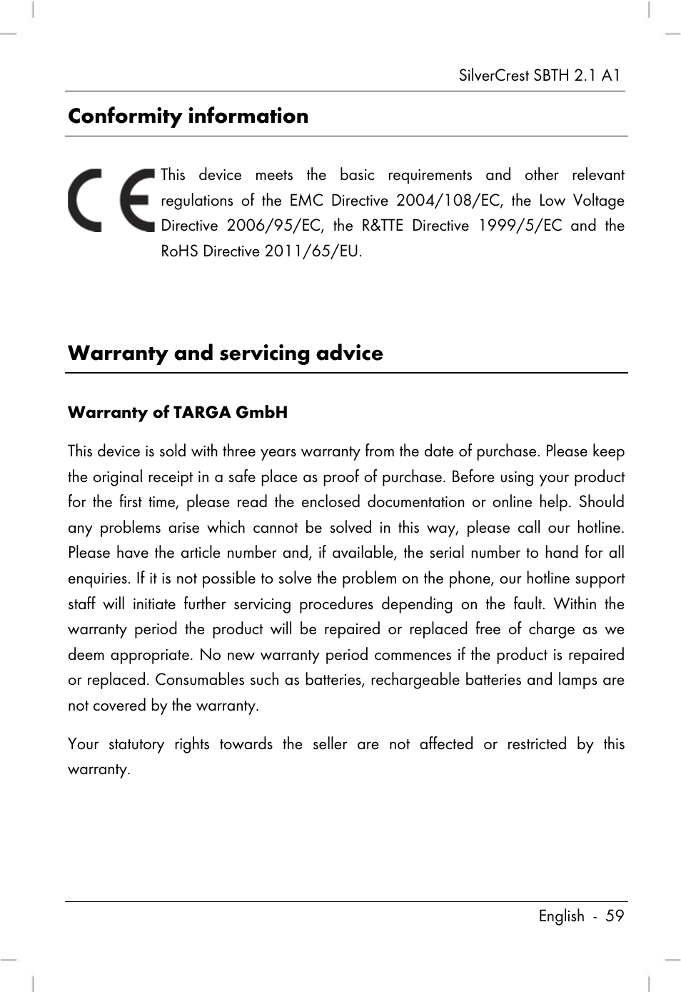 Conformity information, Warranty and servicing advice | Silvercrest SBTH 2.1 A1 User Manual | Page 61 / 64