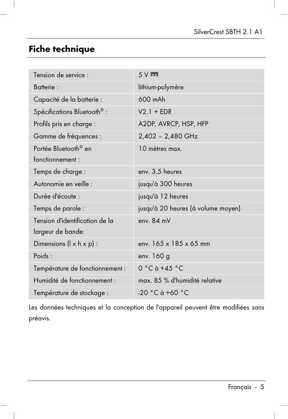 Fiche technique | Silvercrest SBTH 2.1 A1 User Manual | Page 7 / 64