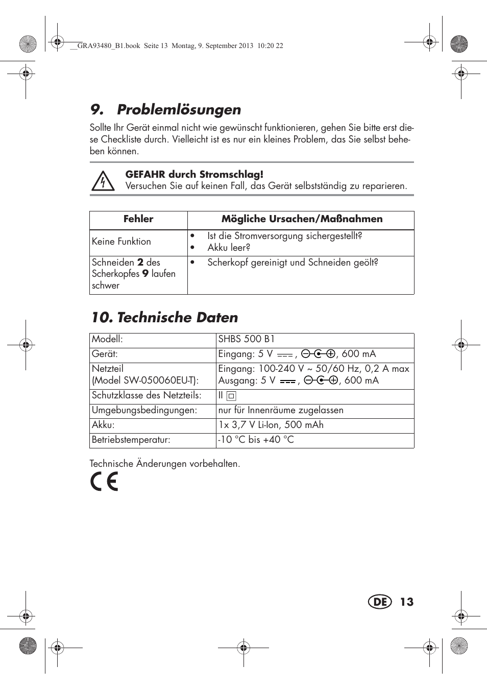 Problemlösungen, Technische daten | Silvercrest SHBS 500 B1 User Manual | Page 15 / 76