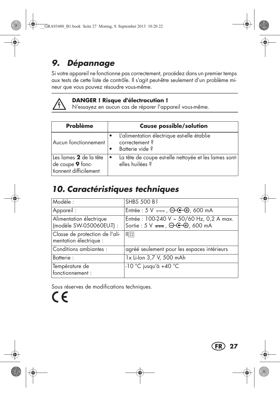 Dépannage, Caractéristiques techniques | Silvercrest SHBS 500 B1 User Manual | Page 29 / 76