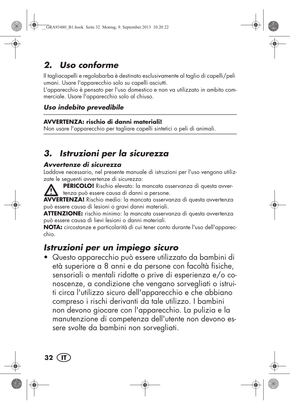 Uso conforme, Istruzioni per la sicurezza, Istruzioni per un impiego sicuro | Silvercrest SHBS 500 B1 User Manual | Page 34 / 76