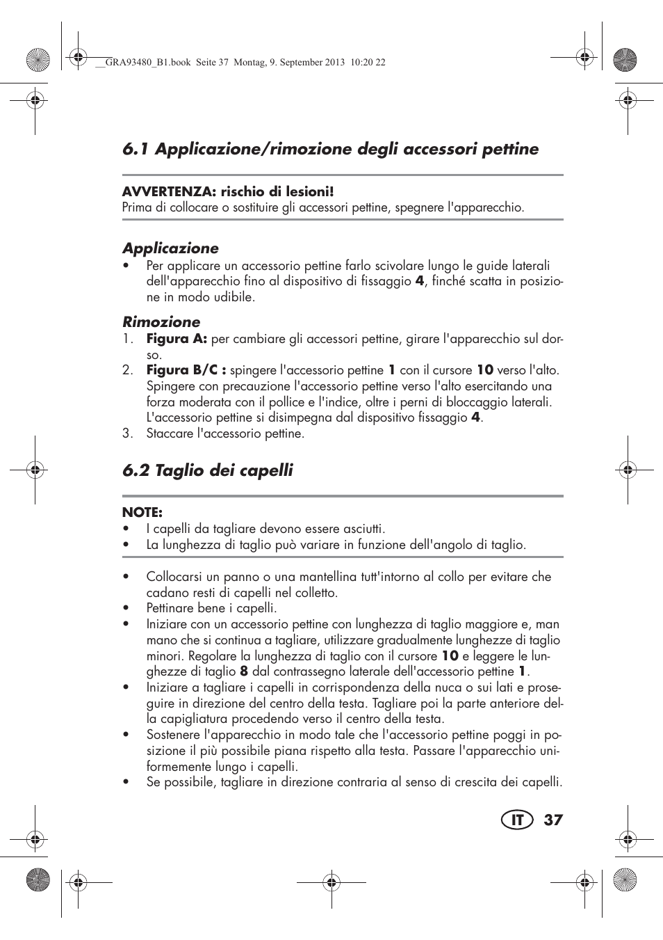 1 applicazione/rimozione degli accessori pettine, 2 taglio dei capelli | Silvercrest SHBS 500 B1 User Manual | Page 39 / 76