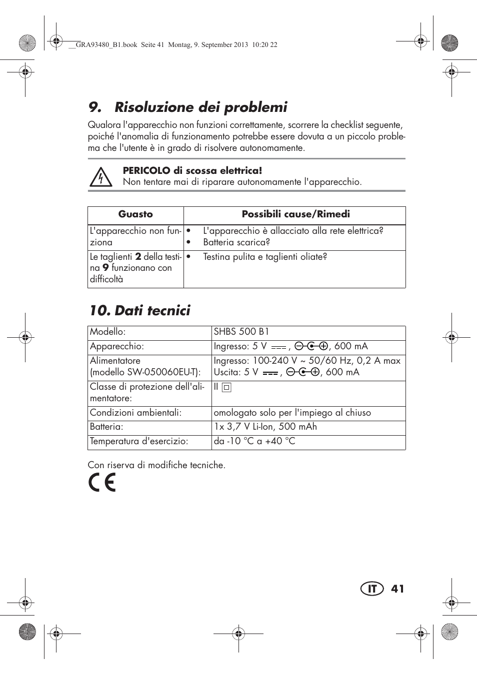 Risoluzione dei problemi, Dati tecnici | Silvercrest SHBS 500 B1 User Manual | Page 43 / 76