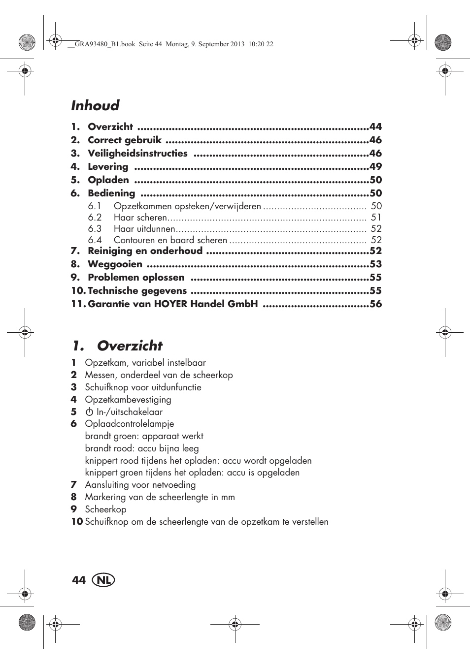 Inhoud, Overzicht | Silvercrest SHBS 500 B1 User Manual | Page 46 / 76