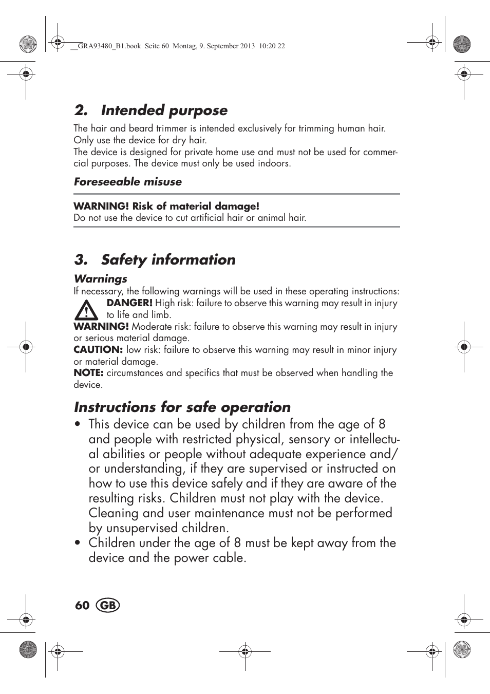 Intended purpose, Safety information, Instructions for safe operation | Silvercrest SHBS 500 B1 User Manual | Page 62 / 76