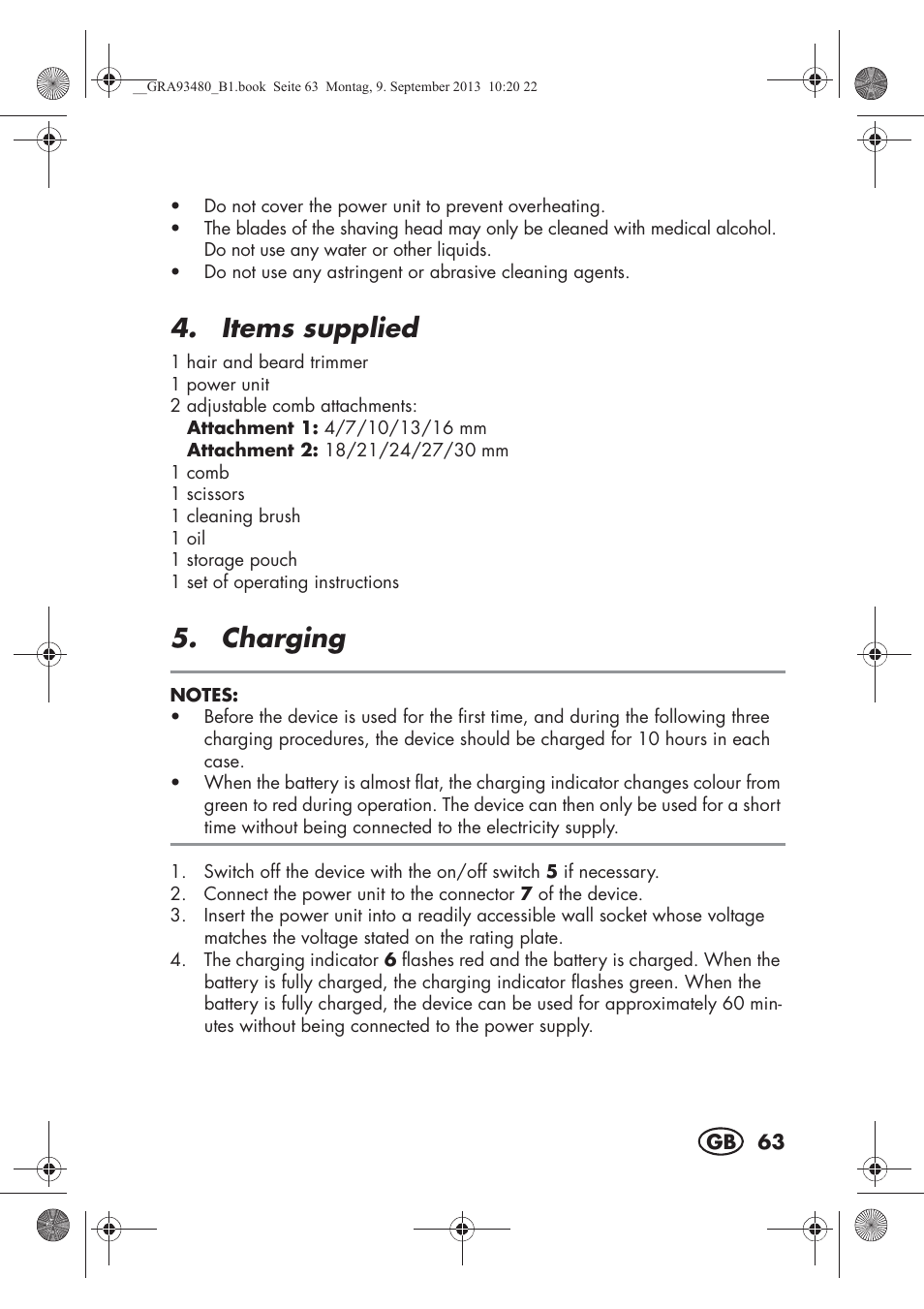 Items supplied, Charging | Silvercrest SHBS 500 B1 User Manual | Page 65 / 76