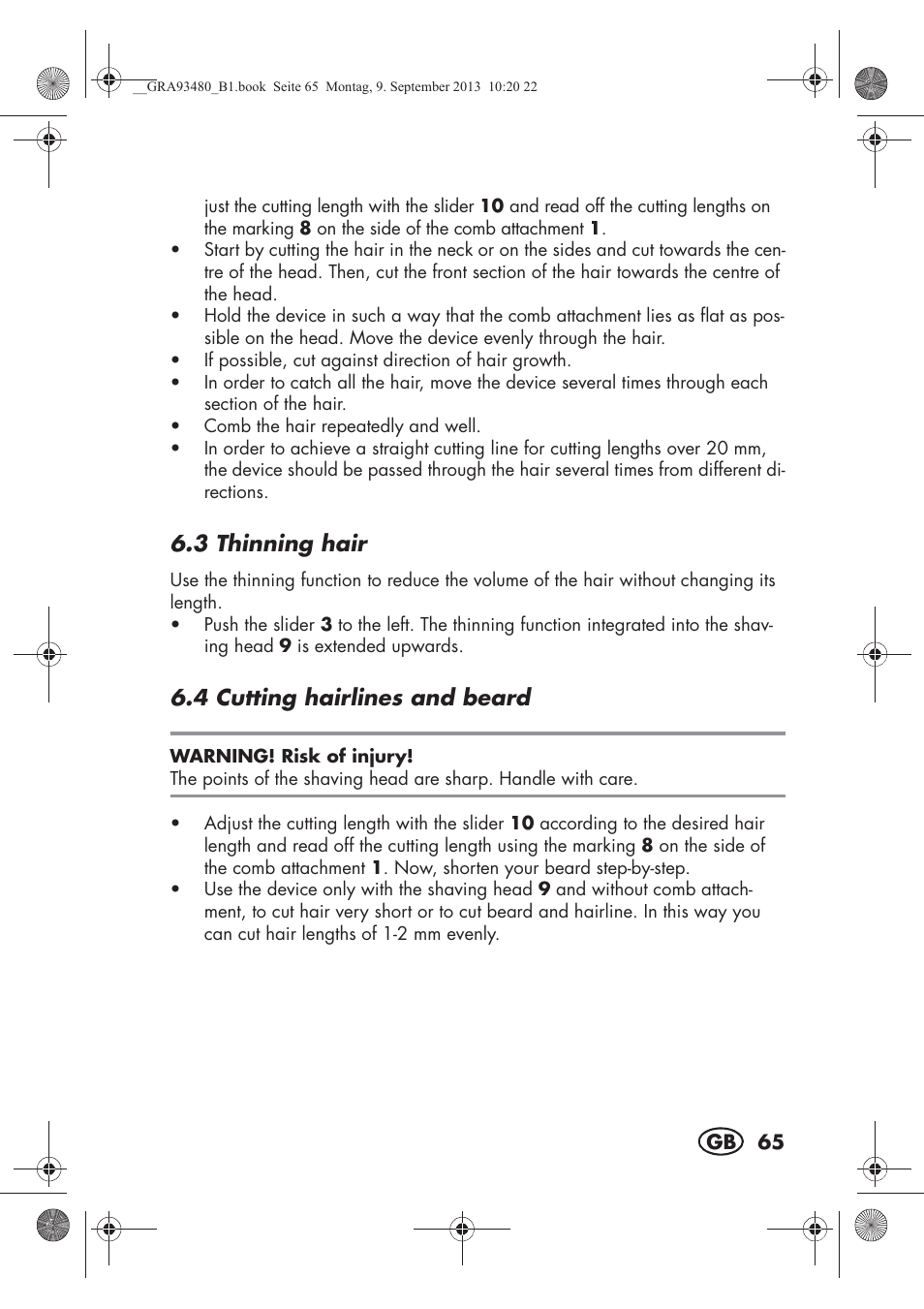 3 thinning hair, 4 cutting hairlines and beard | Silvercrest SHBS 500 B1 User Manual | Page 67 / 76