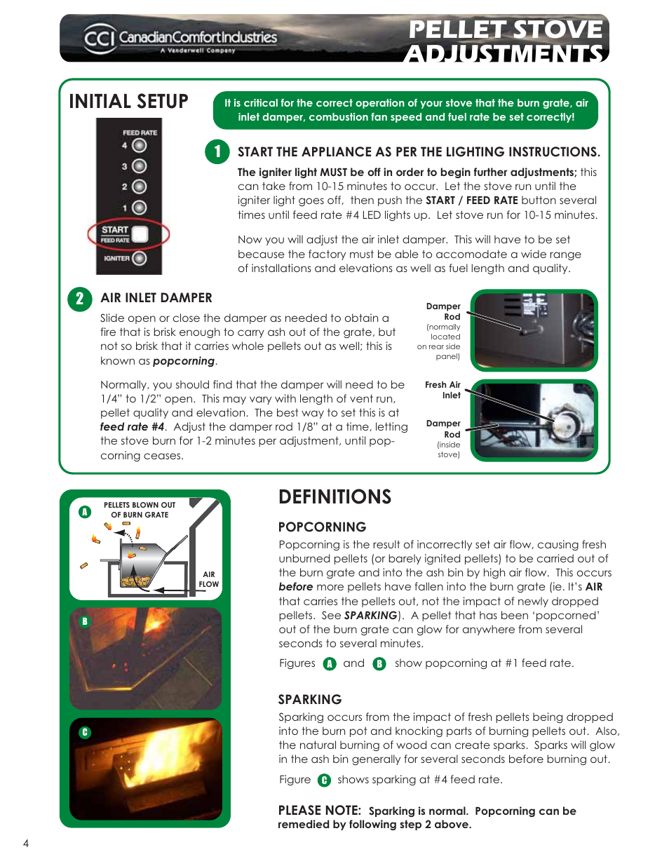 Pellet stove adjustments, Initial setup, Definitions | Dansons Group CAN/CSA B365 User Manual | Page 4 / 12