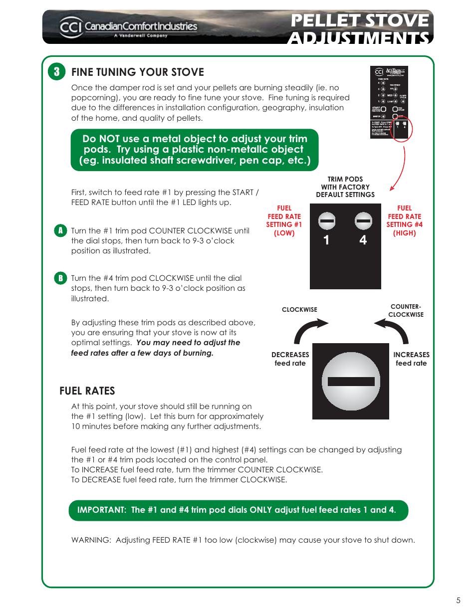Pellet stove adjustments, Fine tuning your stove, Fuel rates | Dansons Group CAN/CSA B365 User Manual | Page 5 / 12