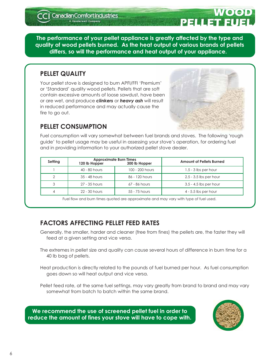 Wood, Wood pellet fuel, Pellet quality | Pellet consumption, Factors affecting pellet feed rates | Dansons Group CAN/CSA B365 User Manual | Page 6 / 12