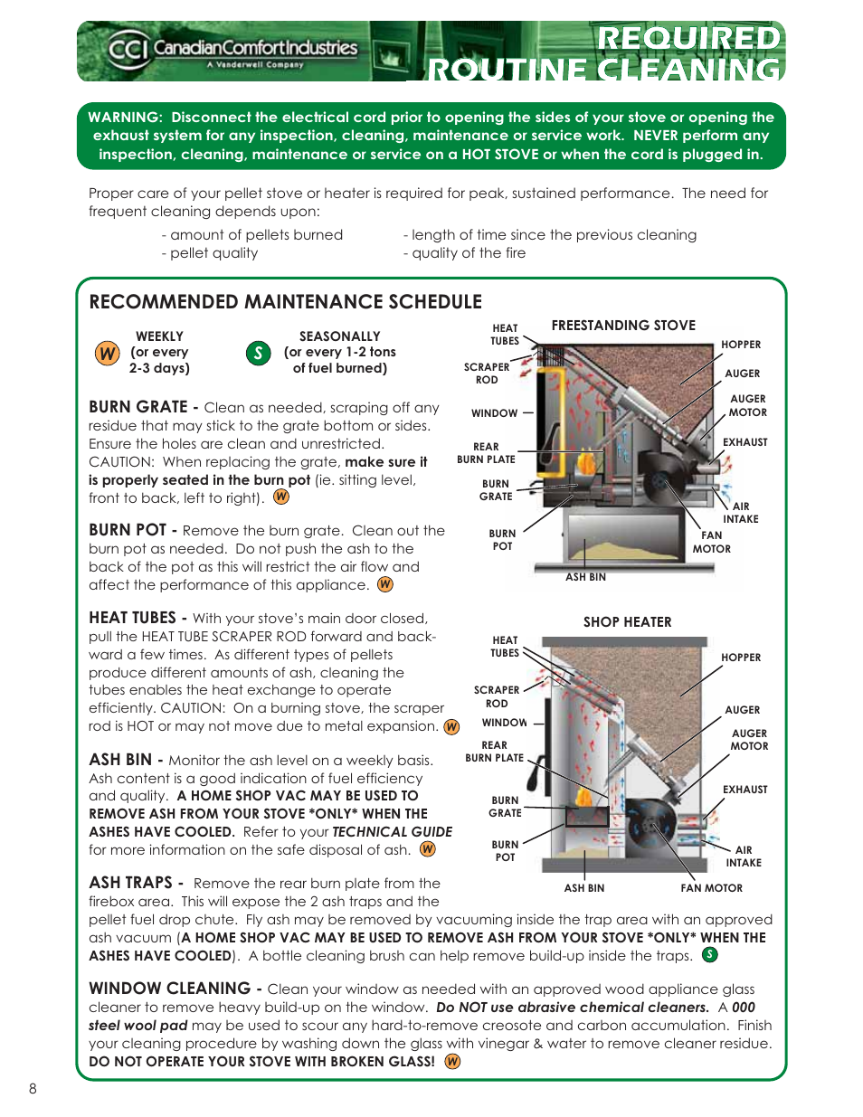 Required routine cleaning, Recommended maintenance schedule, Ash traps | Heat tubes, Ash bin, Burn grate, Burn pot, Window cleaning | Dansons Group CAN/CSA B365 User Manual | Page 8 / 12