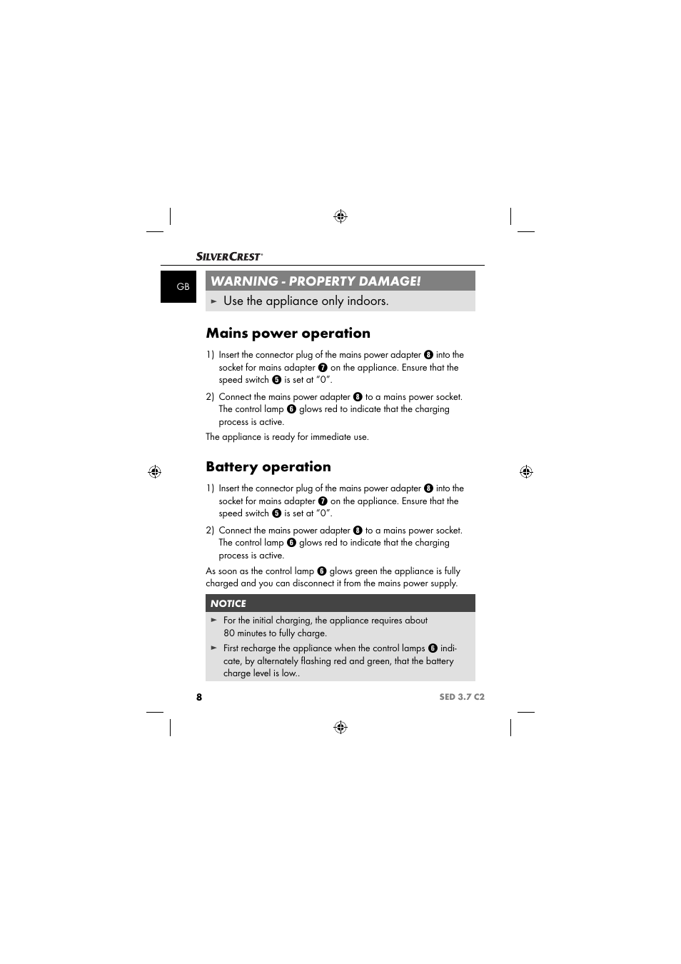 Mains power operation, Battery operation, Warning - property damage | Use the appliance only indoors | Silvercrest SED 3.7 C2 User Manual | Page 11 / 84
