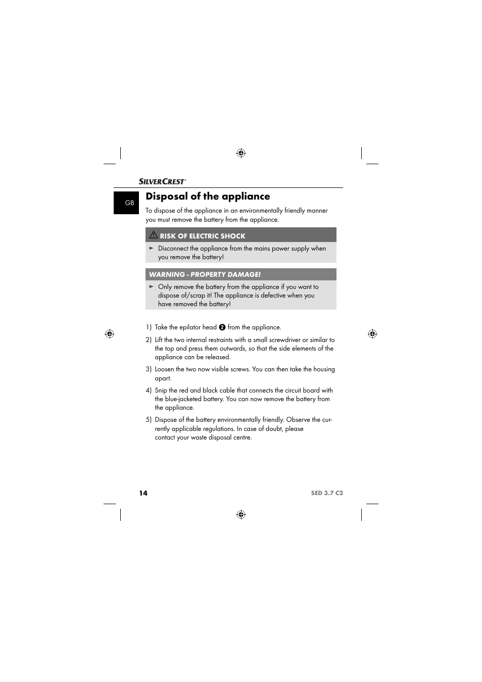 Disposal of the appliance | Silvercrest SED 3.7 C2 User Manual | Page 17 / 84