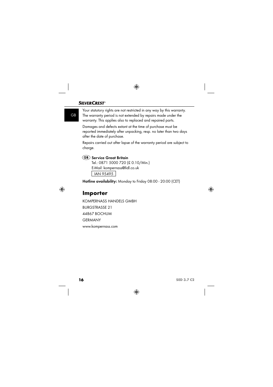 Importer | Silvercrest SED 3.7 C2 User Manual | Page 19 / 84