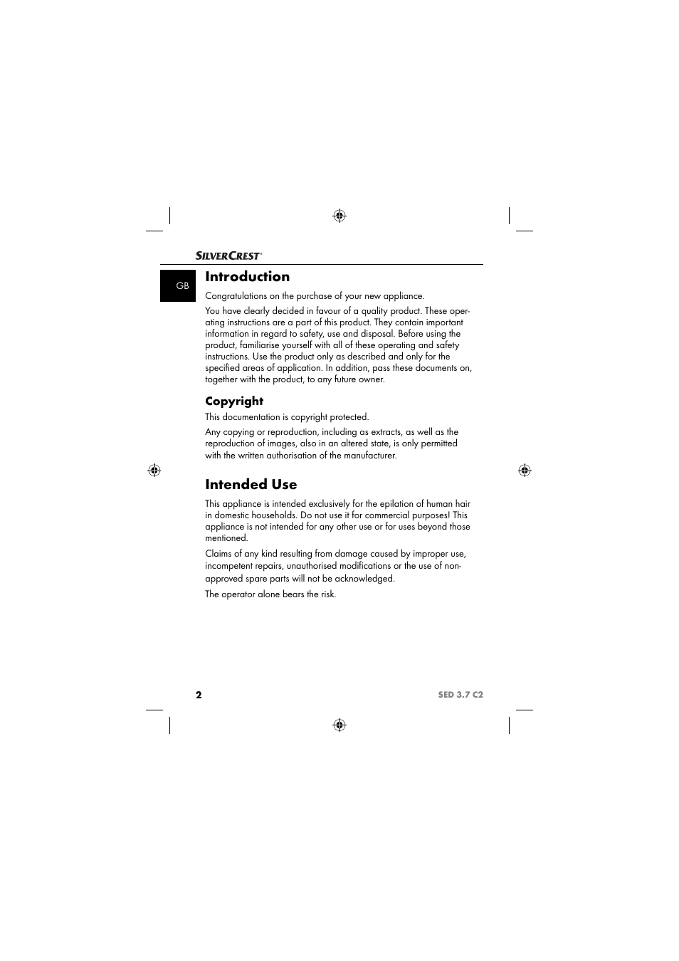 Introduction, Intended use, Copyright | Silvercrest SED 3.7 C2 User Manual | Page 5 / 84