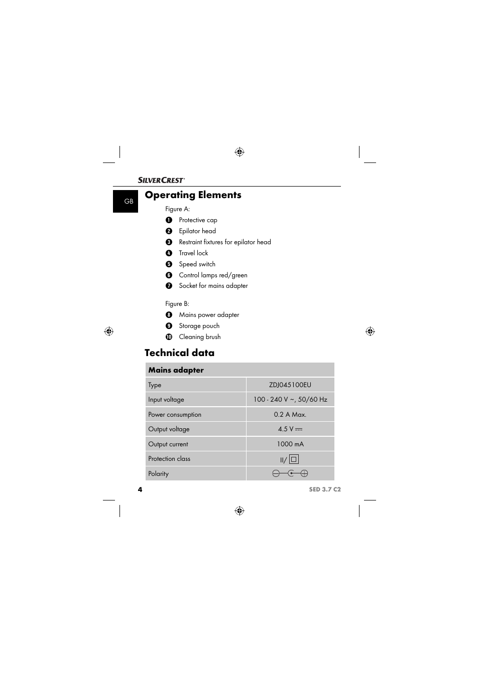 Operating elements, Technical data | Silvercrest SED 3.7 C2 User Manual | Page 7 / 84