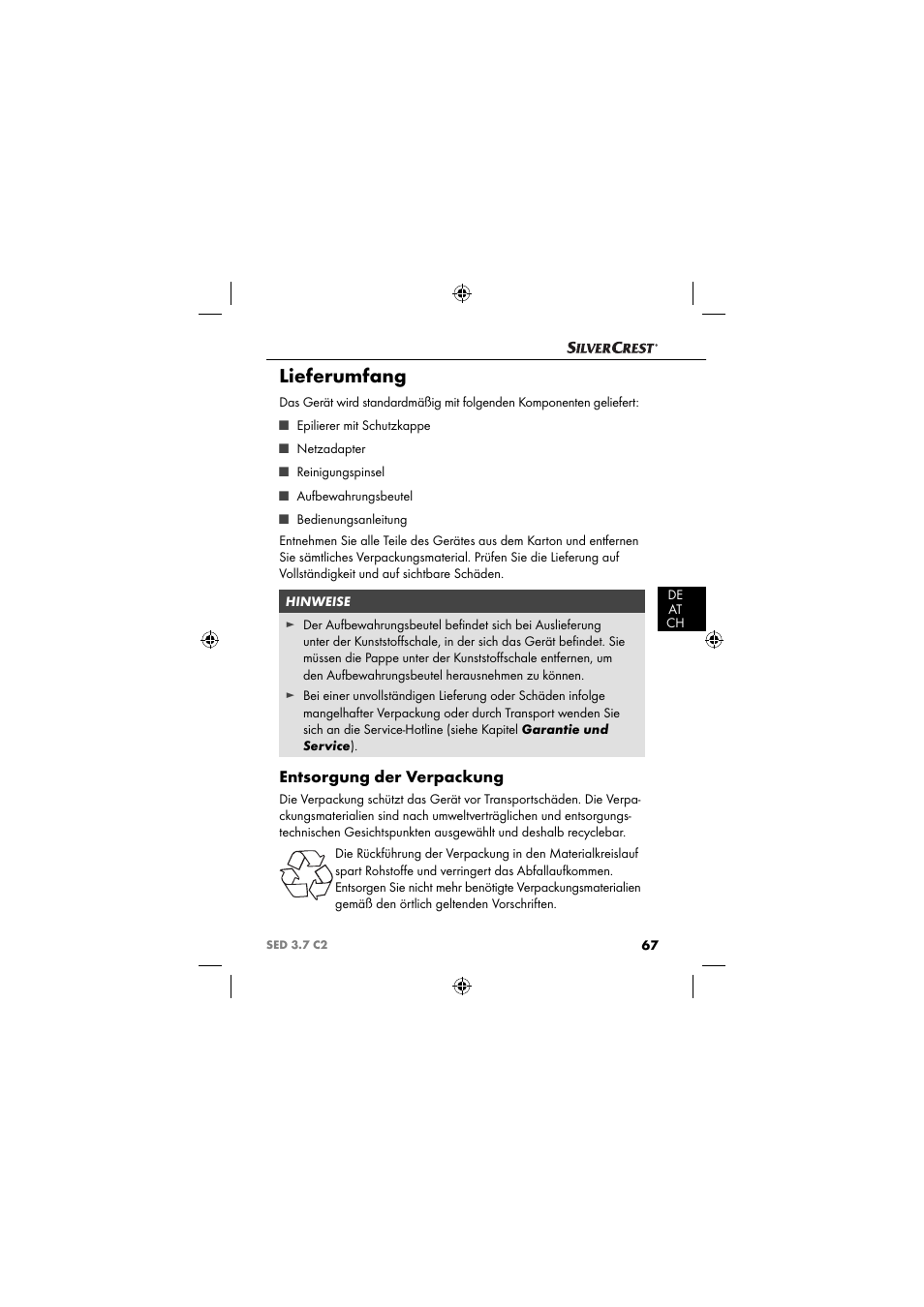 Lieferumfang, Entsorgung der verpackung | Silvercrest SED 3.7 C2 User Manual | Page 70 / 84