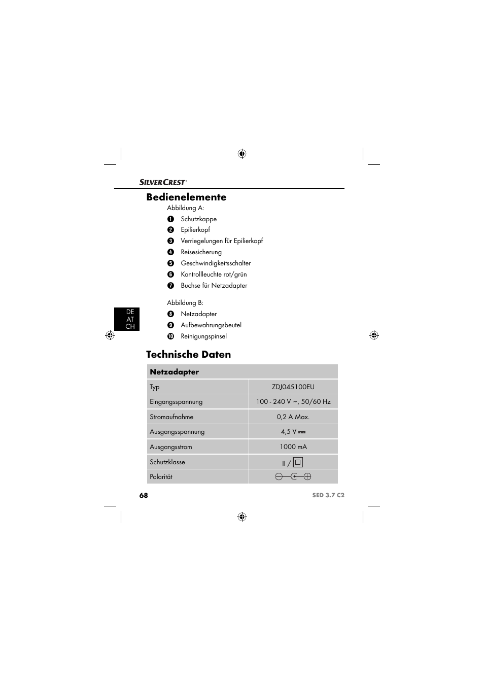 Bedienelemente, Technische daten | Silvercrest SED 3.7 C2 User Manual | Page 71 / 84