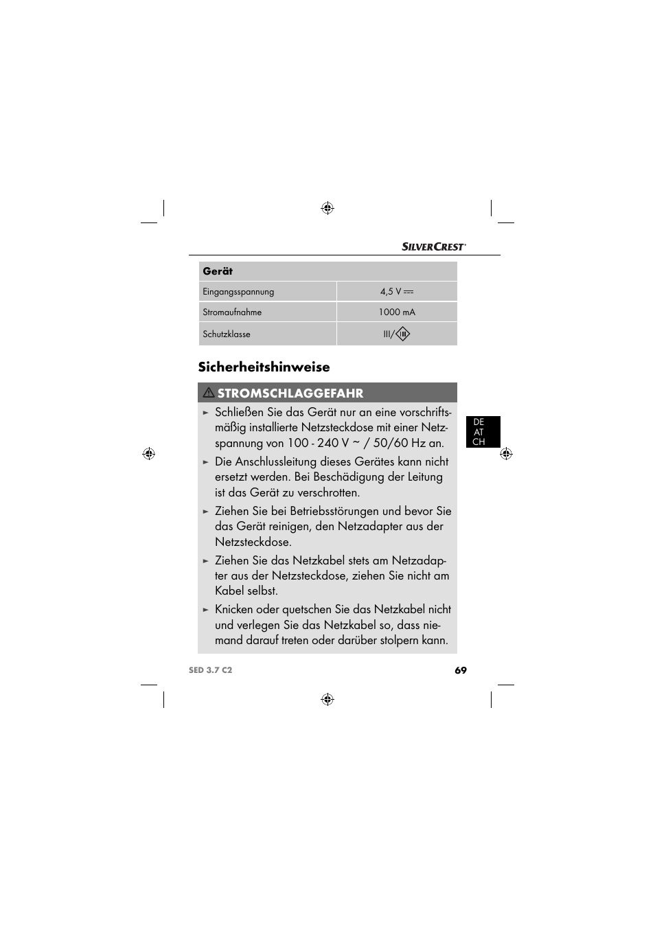 Sicherheitshinweise, Stromschlaggefahr | Silvercrest SED 3.7 C2 User Manual | Page 72 / 84