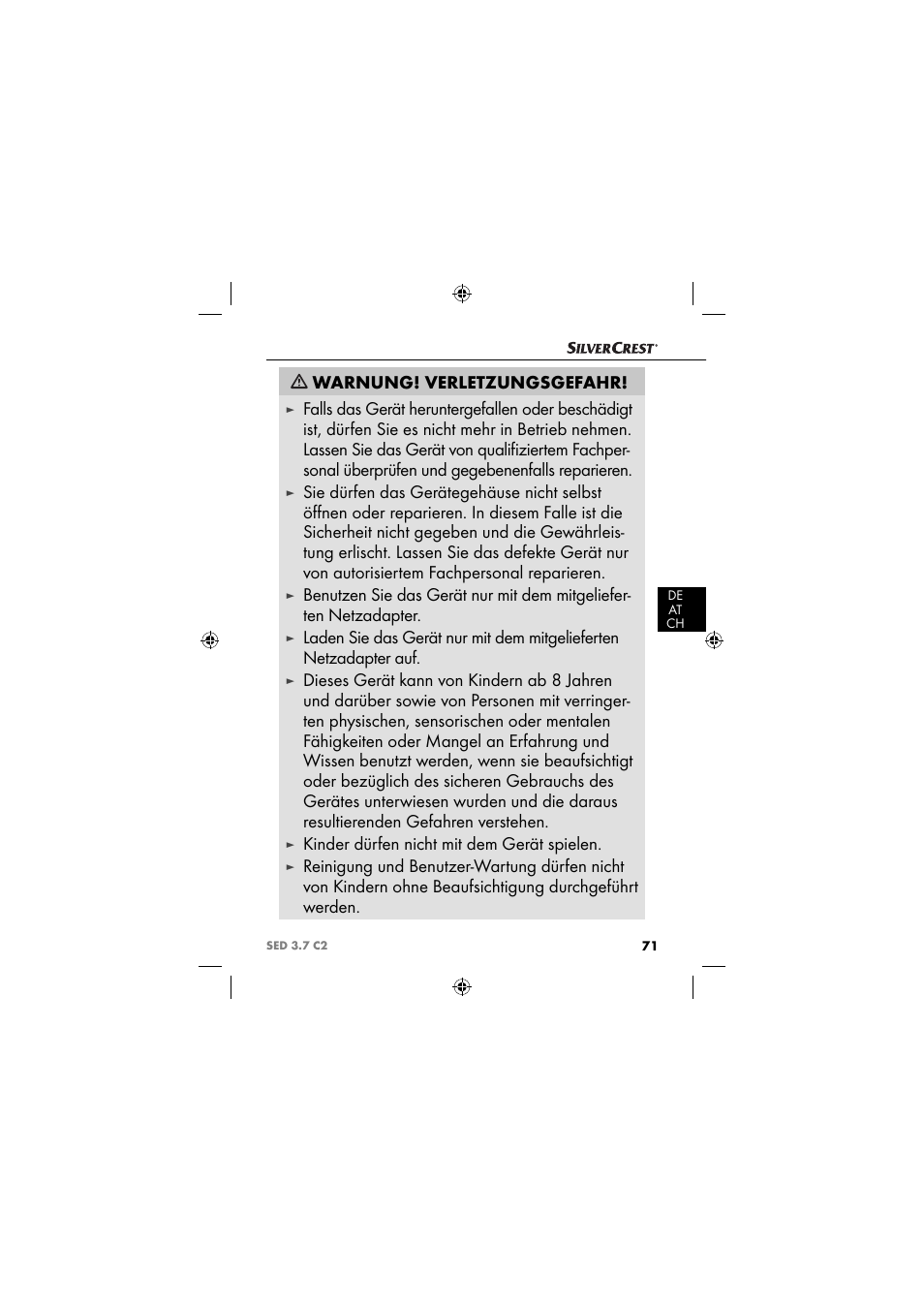 Warnung! verletzungsgefahr, Kinder dürfen nicht mit dem gerät spielen | Silvercrest SED 3.7 C2 User Manual | Page 74 / 84