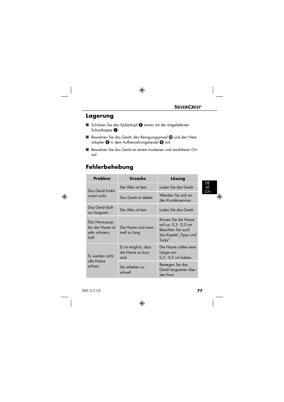 Lagerung, Fehlerbehebung | Silvercrest SED 3.7 C2 User Manual | Page 80 / 84