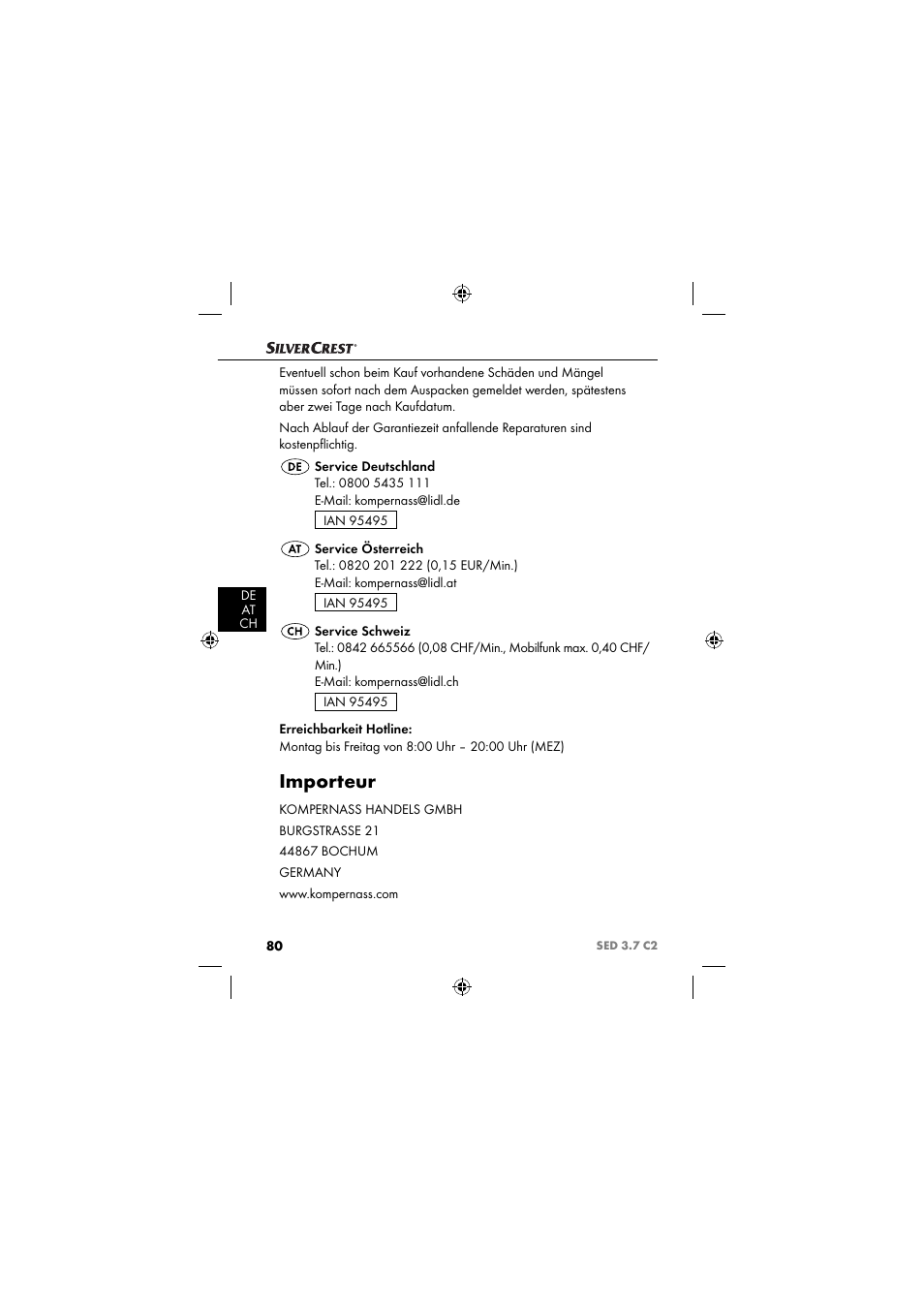 Importeur | Silvercrest SED 3.7 C2 User Manual | Page 83 / 84