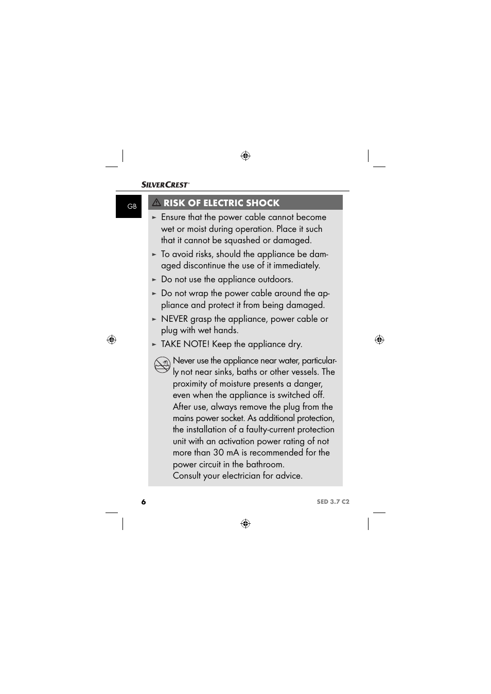 Risk of electric shock, Do not use the appliance outdoors | Silvercrest SED 3.7 C2 User Manual | Page 9 / 84
