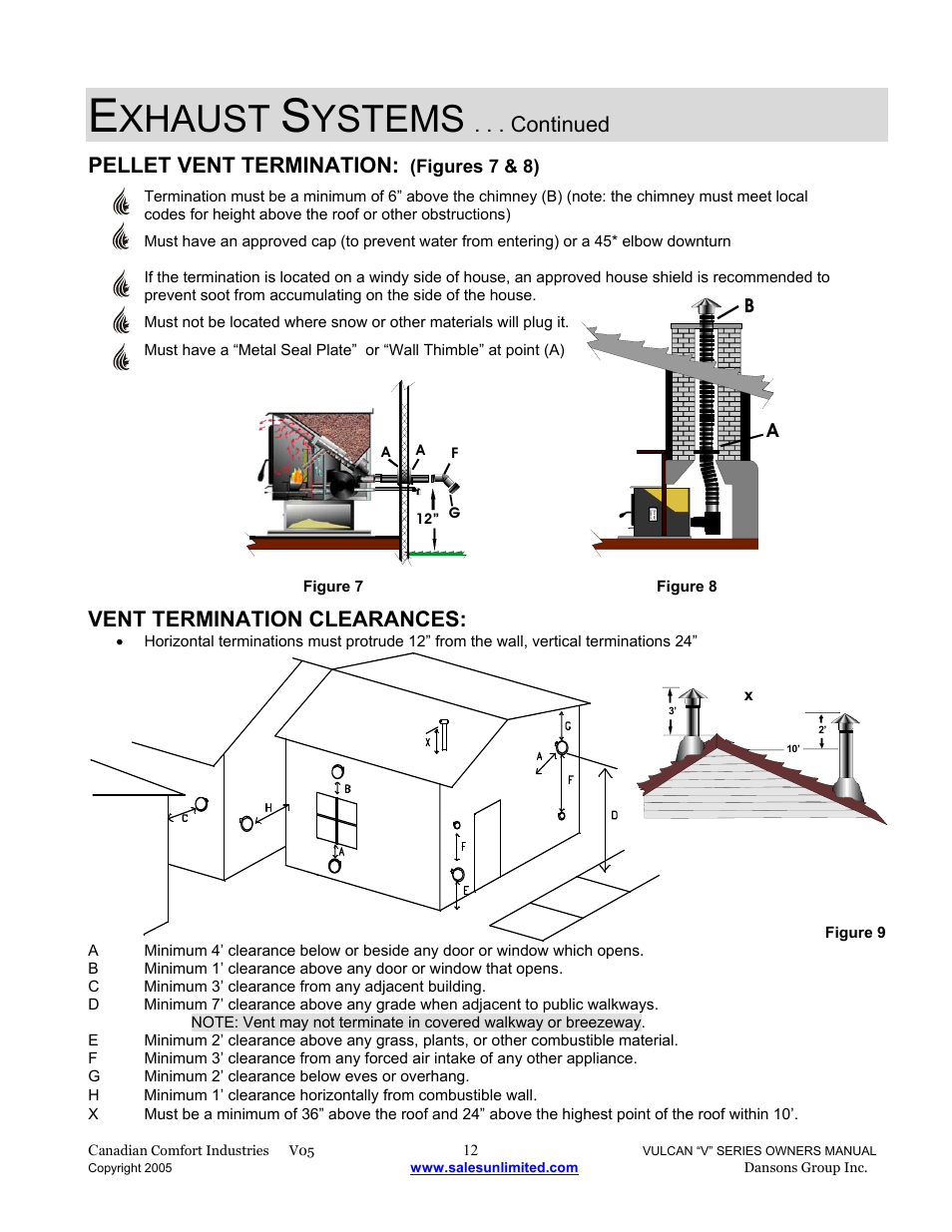 Xhaust, Ystems, Continued | Pellet vent termination, Vent termination clearances | Dansons V-50 User Manual | Page 12 / 40