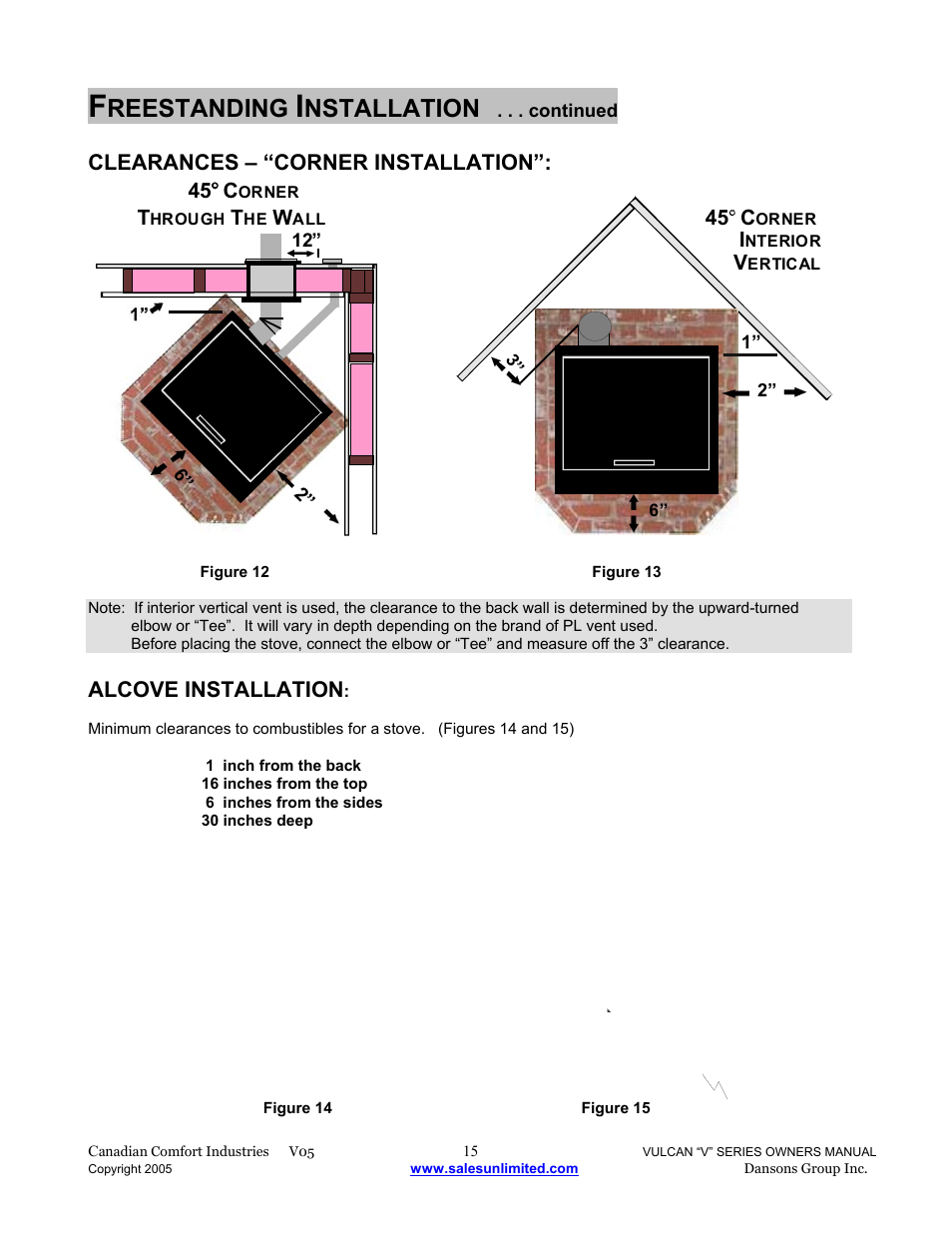 Reestanding, Nstallation, Clearances – “corner installation | Alcove installation, 45 c | Dansons V-50 User Manual | Page 15 / 40