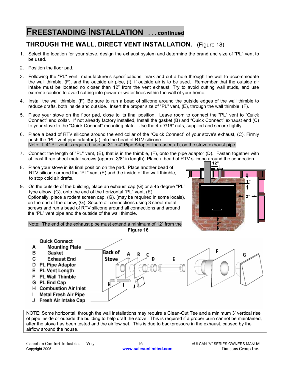 Reestanding, Nstallation, Through the wall, direct vent installation | Dansons V-50 User Manual | Page 16 / 40