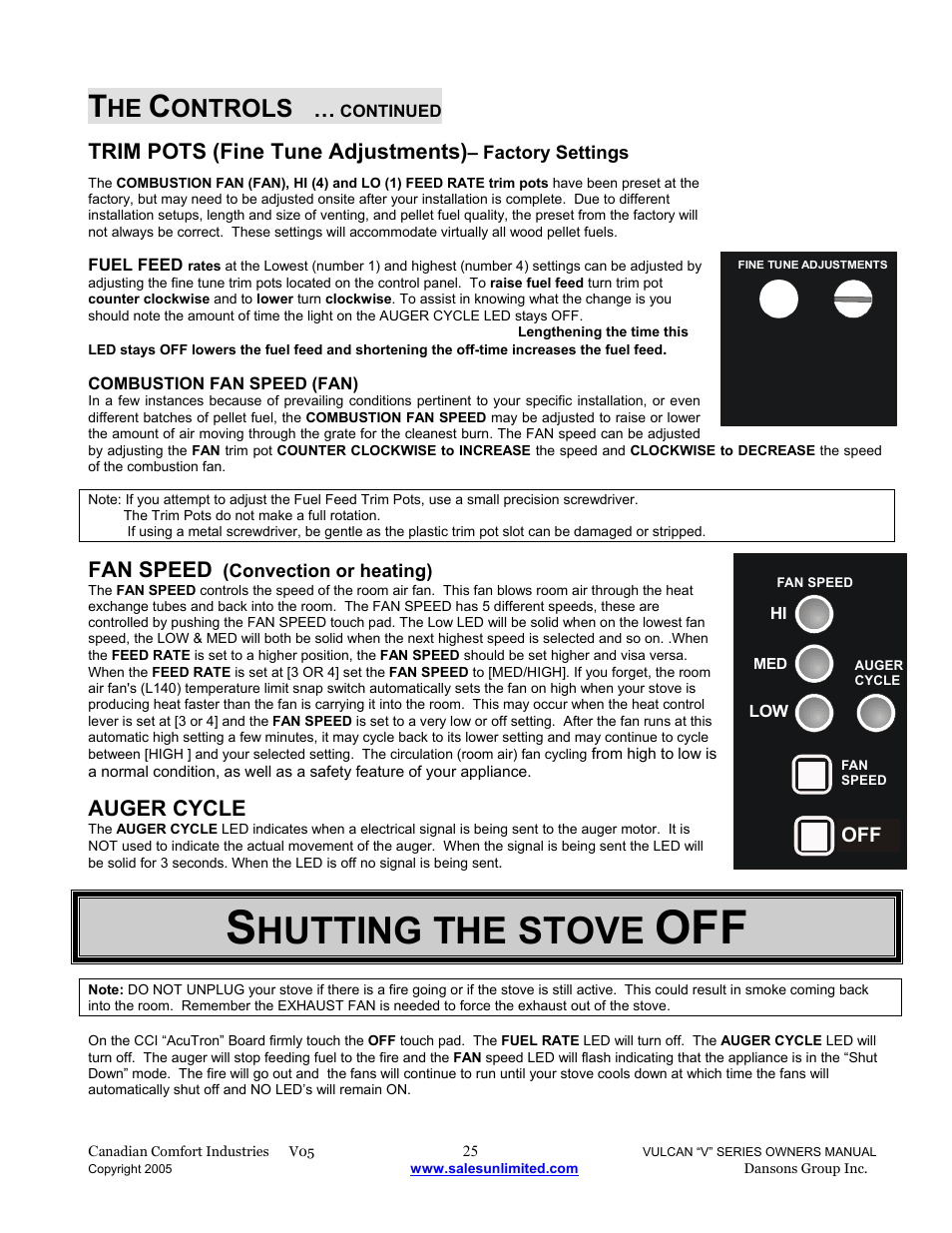 Hutting the stove, Ontrols, Trim pots (fine tune adjustments) | Fan speed, Auger cycle | Dansons V-50 User Manual | Page 25 / 40
