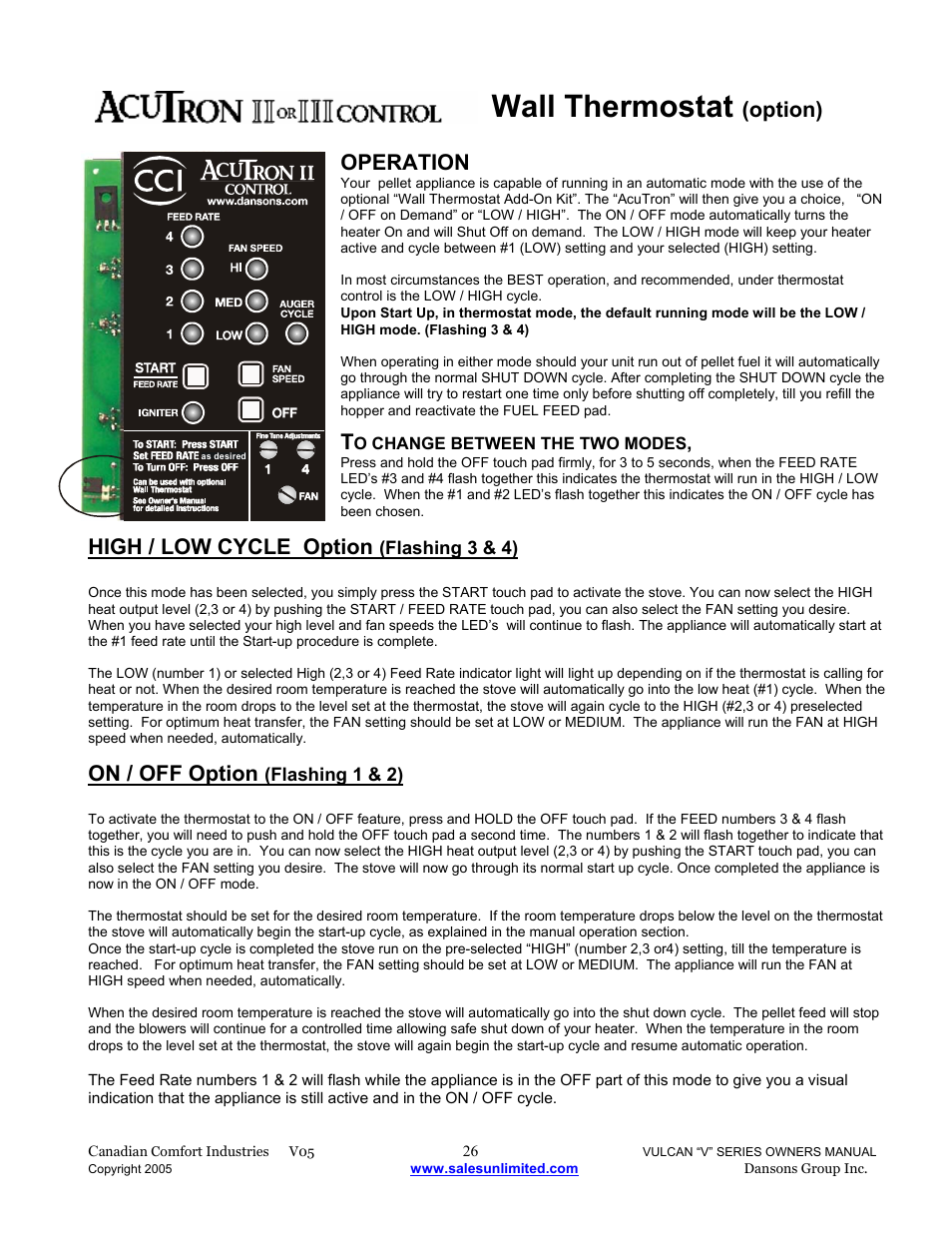 Wall thermostat, Option), Operation | High / low cycle option, On / off option | Dansons V-50 User Manual | Page 26 / 40