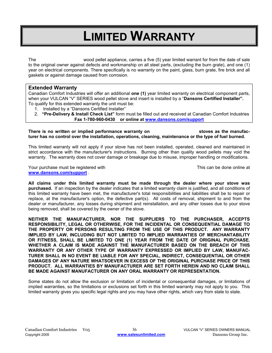 Imited, Arranty | Dansons V-50 User Manual | Page 36 / 40