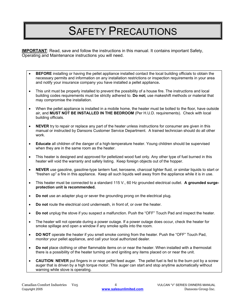 Afety, Recautions | Dansons V-50 User Manual | Page 4 / 40